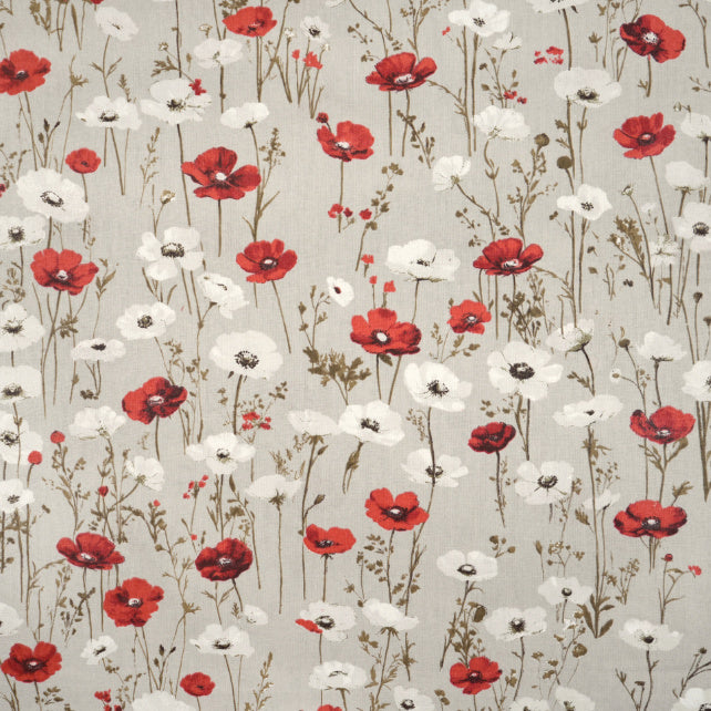 Tissu Coton Fleurs Coquelicots Fond Beige-Gris | Laize 1m55