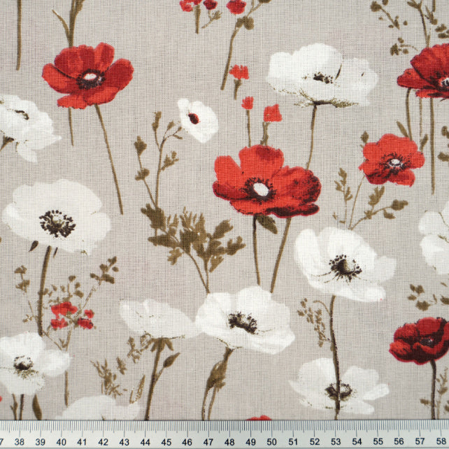 Tissu Coton Fleurs Coquelicots Fond Beige-Gris | Laize 1m55