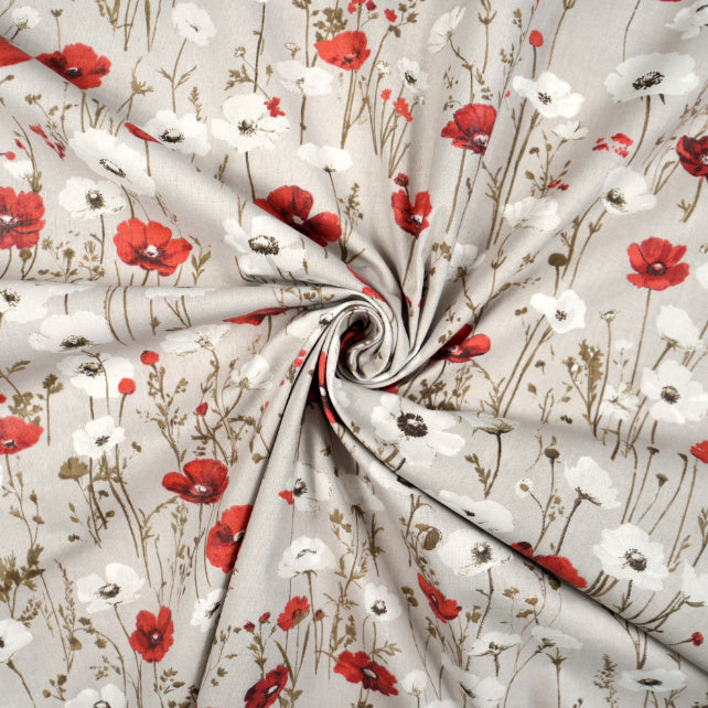 Tissu Coton Fleurs Coquelicots Fond Beige-Gris | Laize 1m55