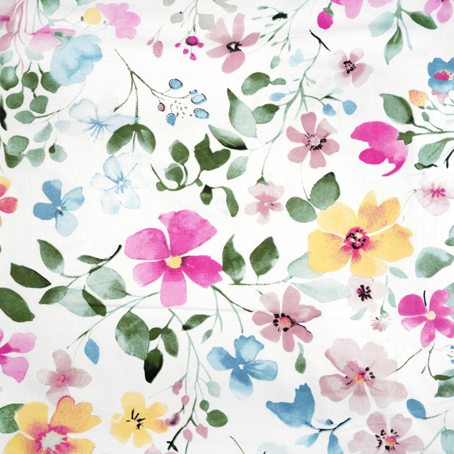 Tissu Coton Fleurs Fuchsia Jaunes Feuilles Vertes | Laize 1m55