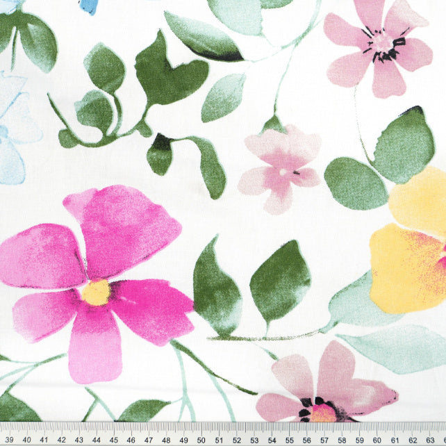 Tissu Coton Fleurs Fuchsia Jaunes Feuilles Vertes | Laize 1m55