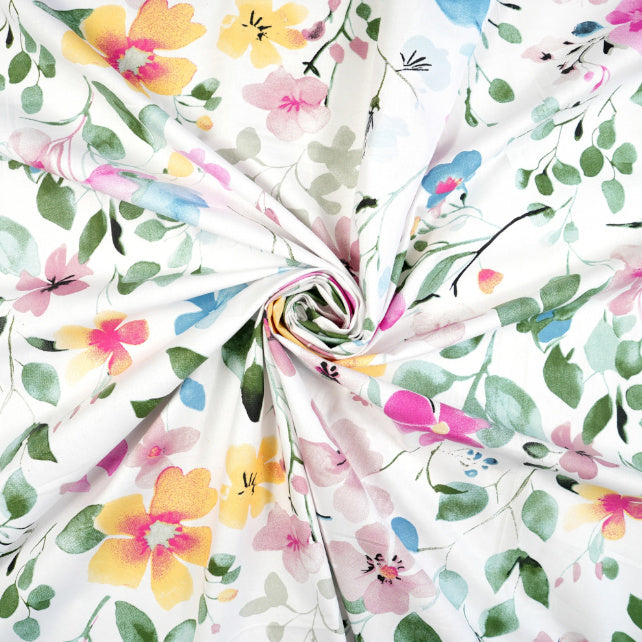 Tissu Coton Fleurs Fuchsia Jaunes Feuilles Vertes | Laize 1m55