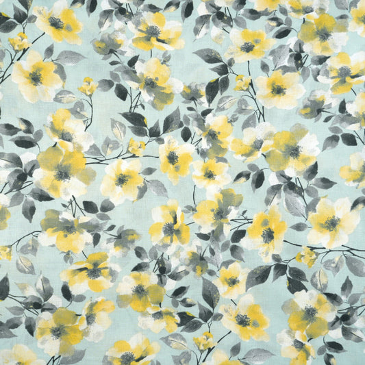 Tissu Coton Fleurs Jaunes Grises Fond Vert Sauge | Laize 1m55