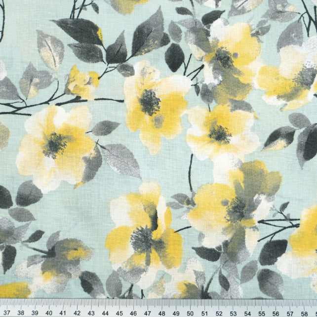 Tissu Coton Fleurs Jaunes Grises Fond Vert Sauge | Laize 1m55