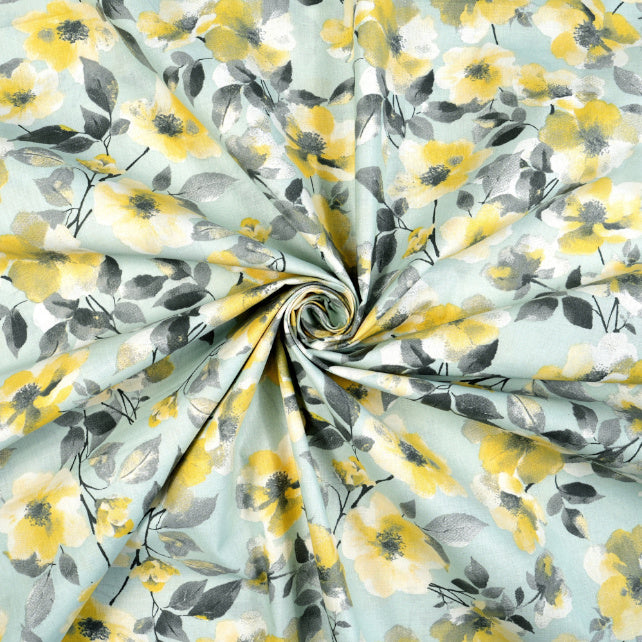 Tissu Coton Fleurs Jaunes Grises Fond Vert Sauge | Laize 1m55