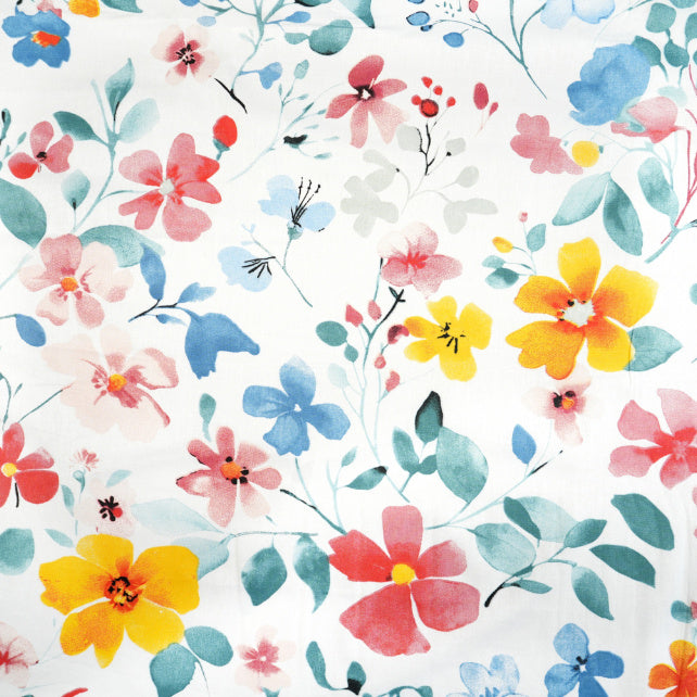 Tissu Coton Fleurs Jaunes Rouges Feuilles Turquoise | Laize 1m55