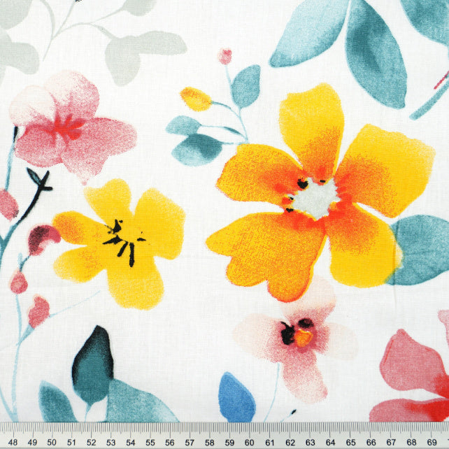 Tissu Coton Fleurs Jaunes Rouges Feuilles Turquoise | Laize 1m55