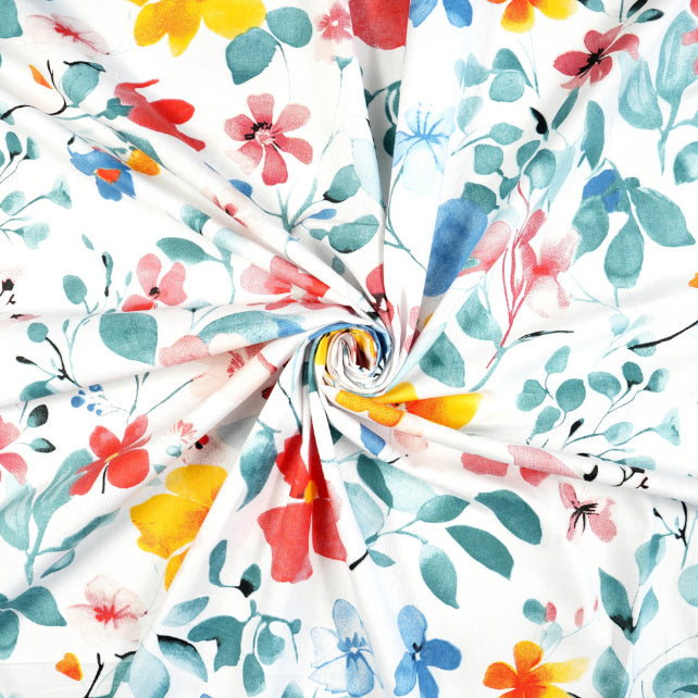Tissu Coton Fleurs Jaunes Rouges Feuilles Turquoise | Laize 1m55