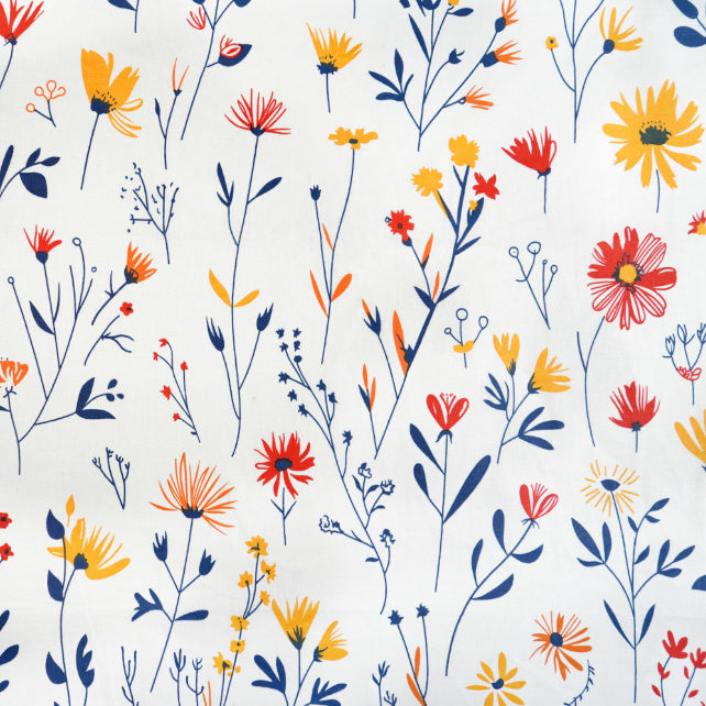 Tissu Coton Fleurs Jaunes Rouges sur Branches Navy | Laize 1m55