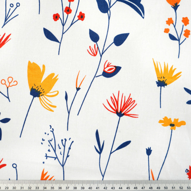 Tissu Coton Fleurs Jaunes Rouges sur Branches Navy | Laize 1m55