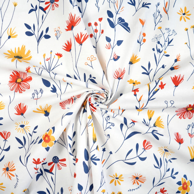 Tissu Coton Fleurs Jaunes Rouges sur Branches Navy | Laize 1m55