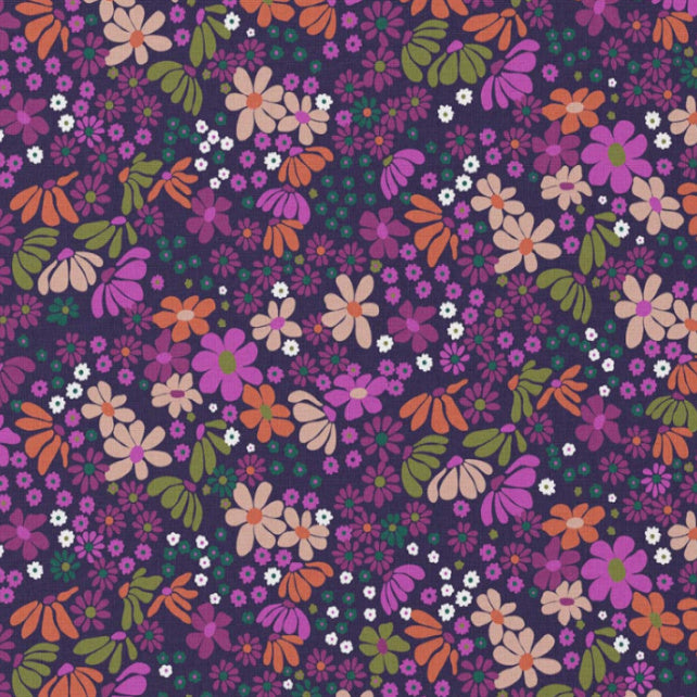 Tissu Coton Fleurs Marie Orange Violet | Laize 1m50