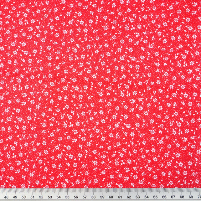 Tissu Coton Mini Patch Fleurs Blanches Fond Rouge | Laize 1m55