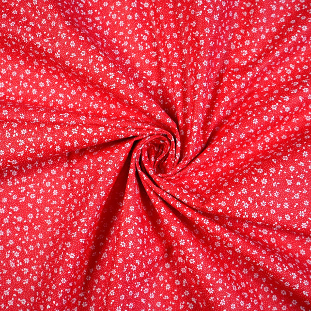 Tissu Coton Mini Patch Fleurs Blanches Fond Rouge | Laize 1m55