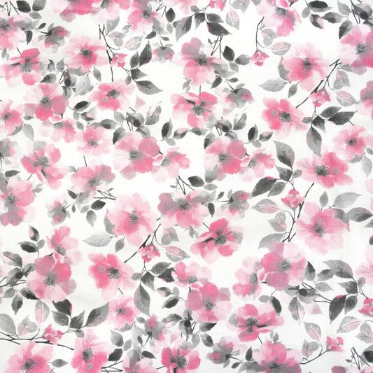 Tissu Coton Fleurs Roses Grises Fond Blanc | Laize 1m55