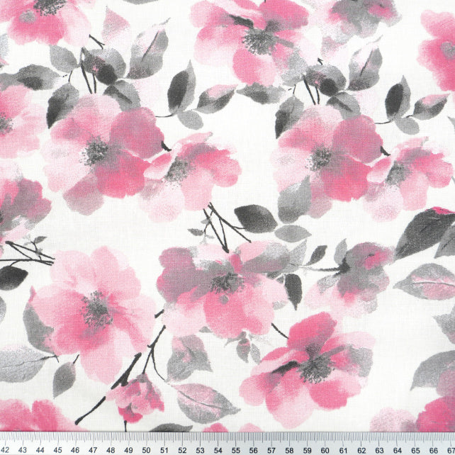 Tissu Coton Fleurs Roses Grises Fond Blanc | Laize 1m55