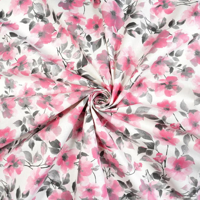 Tissu Coton Fleurs Roses Grises Fond Blanc | Laize 1m55
