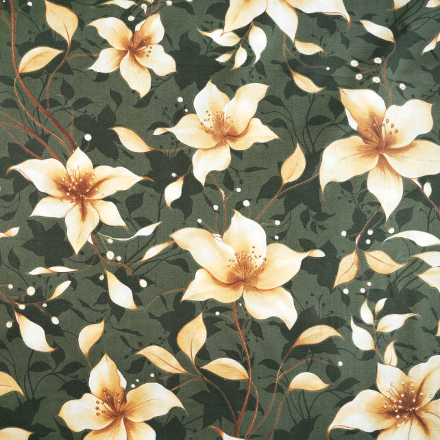 Tissu Coton Fleurs Vanille Fond Vert Foncé | Laize 1m55