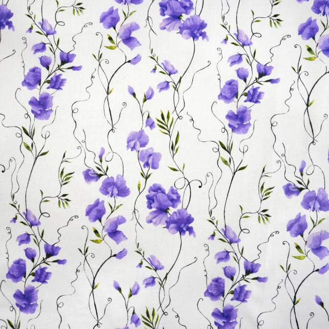 Tissu Coton Violettes sur Vignes Fond Blanc | Laize 1m55
