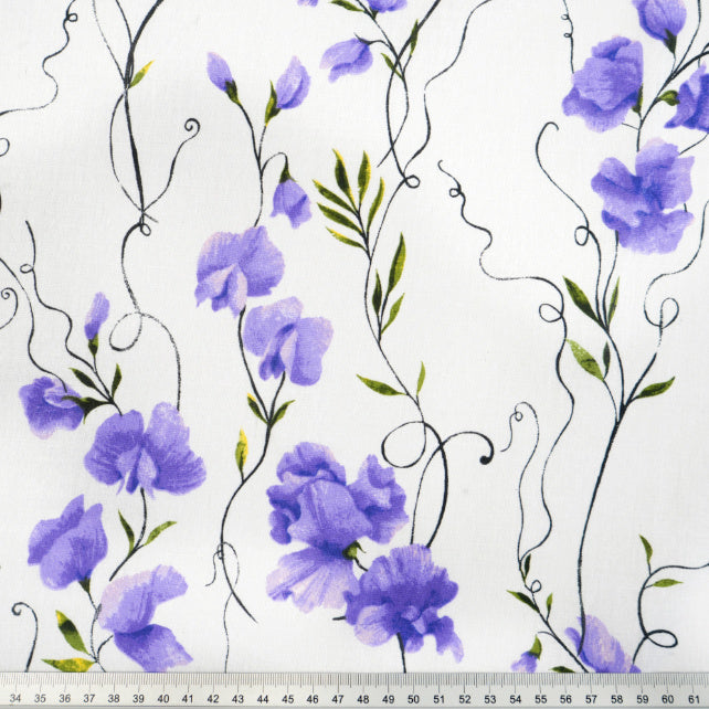 Tissu Coton Violettes sur Vignes Fond Blanc | Laize 1m55