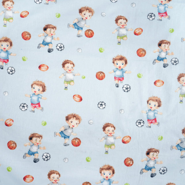 Tissu Coton Garçon Football Fond Bleu Clair | Laize 1m55