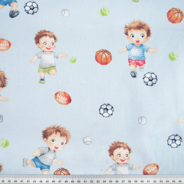 Tissu Coton Garçon Football Fond Bleu Clair | Laize 1m55