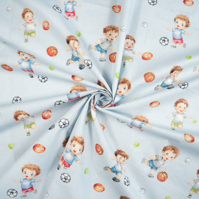 Tissu Coton Garçon Football Fond Bleu Clair | Laize 1m55