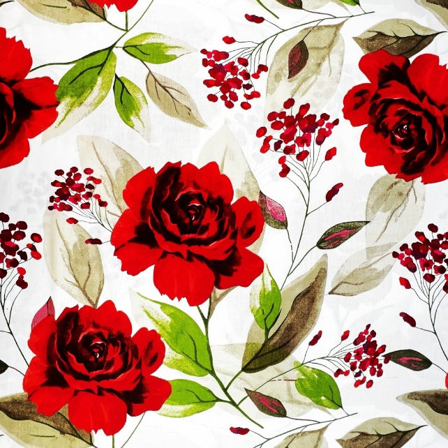 Tissu Coton Grandes Roses 20cm Fond Blanc | Laize 1m55