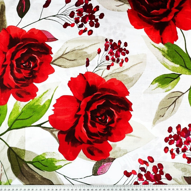 Tissu Coton Grandes Roses 20cm Fond Blanc | Laize 1m55
