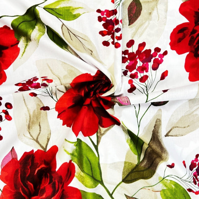 Tissu Coton Grandes Roses 20cm Fond Blanc | Laize 1m55
