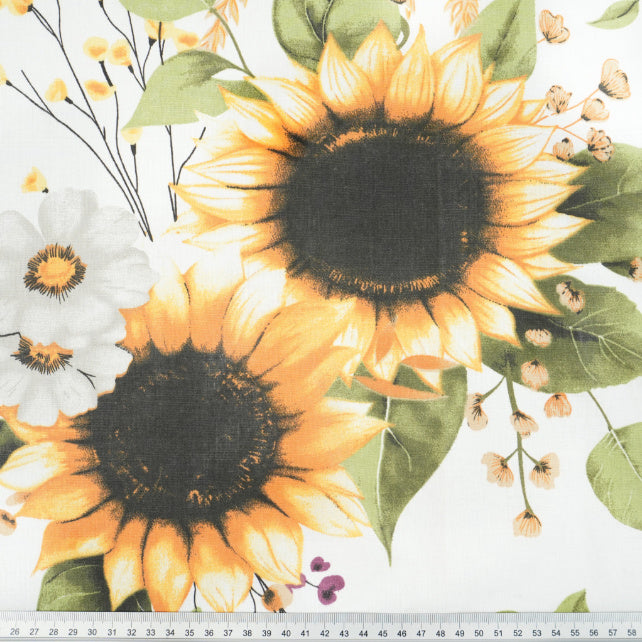 Tissu Coton Grands Tournesols 20cm Fond Blanc | Laize 1m55