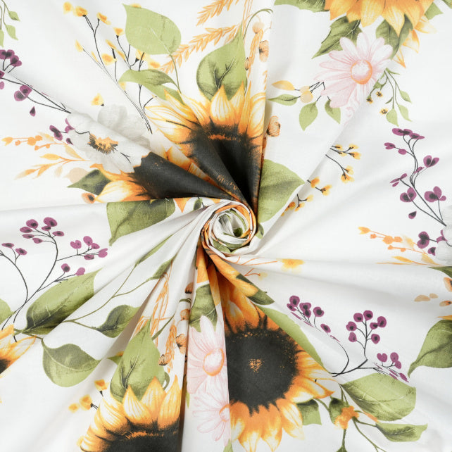 Tissu Coton Grands Tournesols 20cm Fond Blanc | Laize 1m55