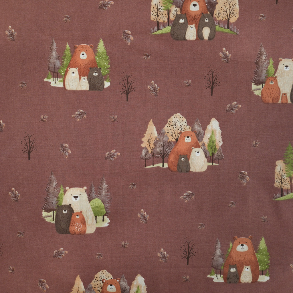 Tissu Coton Famille Ourson Teddy Fond Brun | Laize 1m55