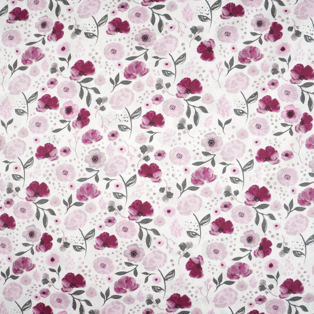 Tissu Coton Fleurs Burgundy Violet Fond Blanc | Laize 1m55