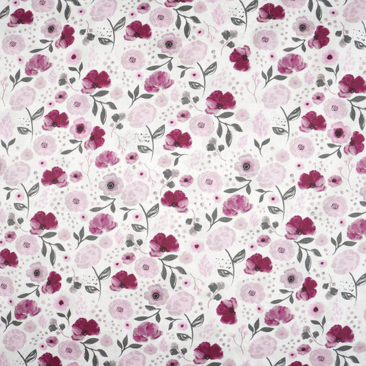 Tissu Coton Fleurs Burgundy Violet Fond Blanc | Laize 1m55