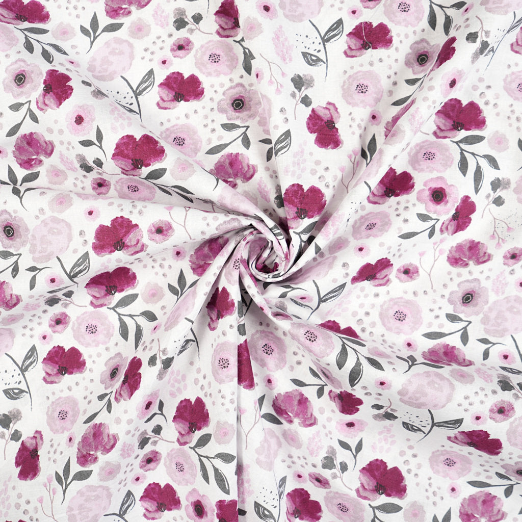Tissu Coton Fleurs Burgundy Violet Fond Blanc | Laize 1m55