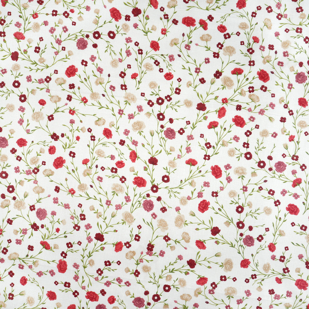Tissu Coton Fleurs Mini Branches Rouges Fond Blanc | Laize 1m55