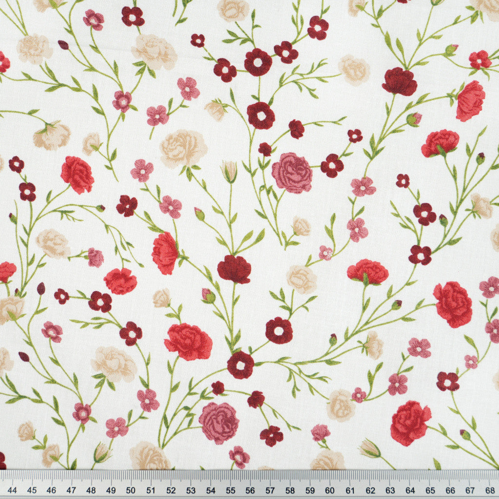 Tissu Coton Fleurs Mini Branches Rouges Fond Blanc | Laize 1m55