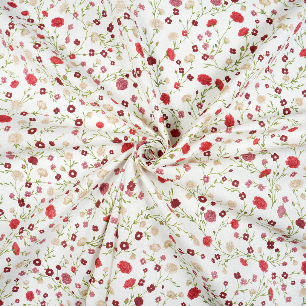 Tissu Coton Fleurs Mini Branches Rouges Fond Blanc | Laize 1m55