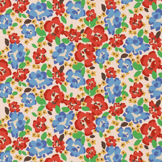 Tissu Coton Fleurs Odali Rouge Bleu | Laize 1m50