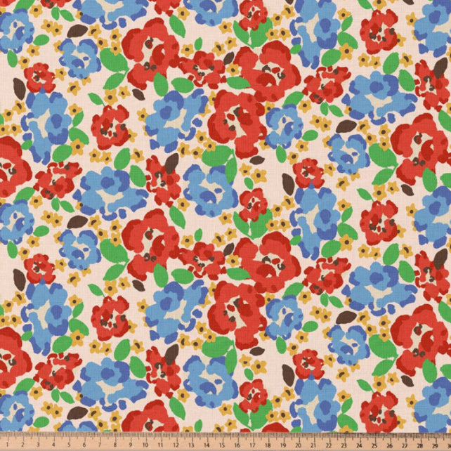 Tissu Coton Fleurs Odali Rouge Bleu | Laize 1m50