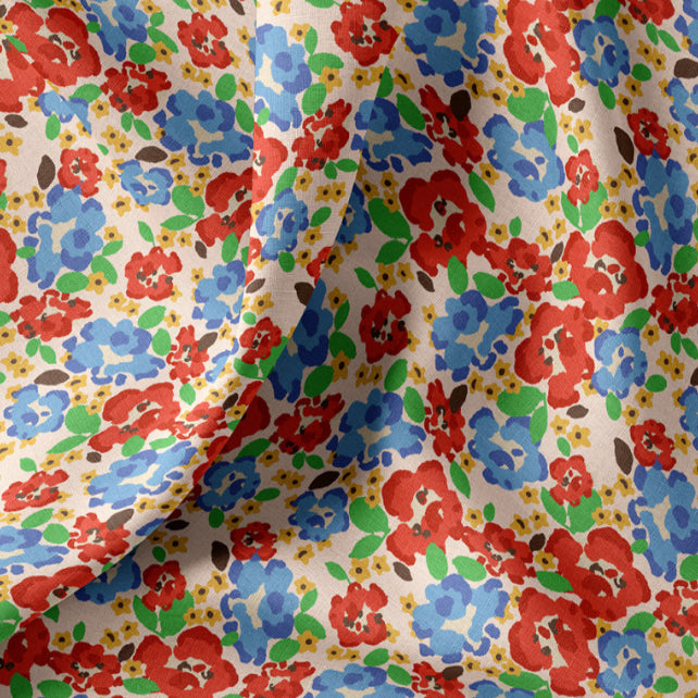 Tissu Coton Fleurs Odali Rouge Bleu | Laize 1m50