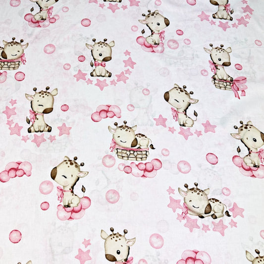 Tissu Coton Africains Girafes Roses Fond Blanc | Laize 1m55