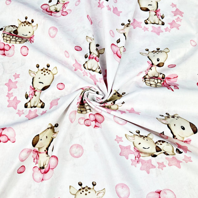 Tissu Coton Africains Girafes Roses Fond Blanc | Laize 1m55