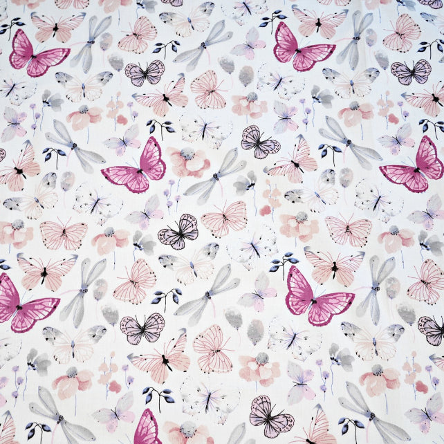 Tissu Coton Papillons Libellule Rose Gris | Laize 1m60