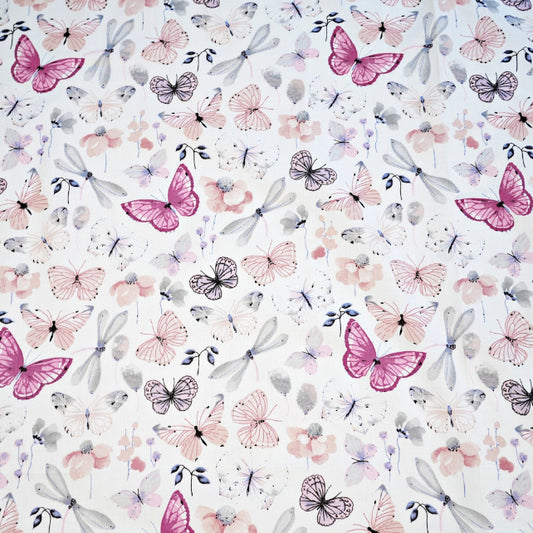Tissu Coton Papillons Libellule Rose Gris | Laize 1m60