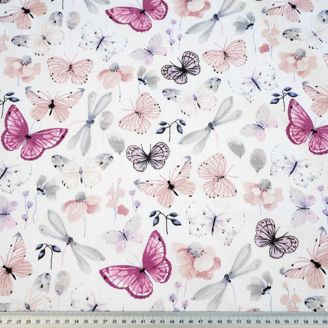 Tissu Coton Papillons Libellule Rose Gris | Laize 1m60