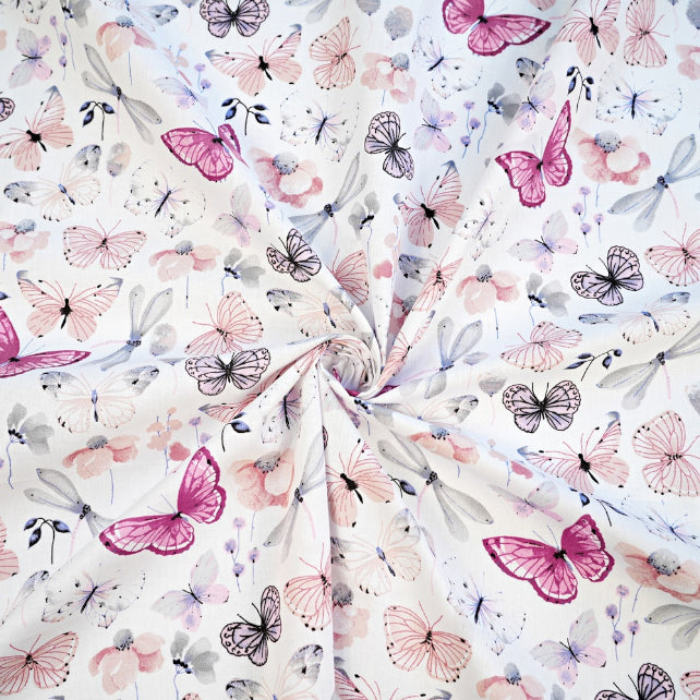 Tissu Coton Papillons Libellule Rose Gris | Laize 1m60