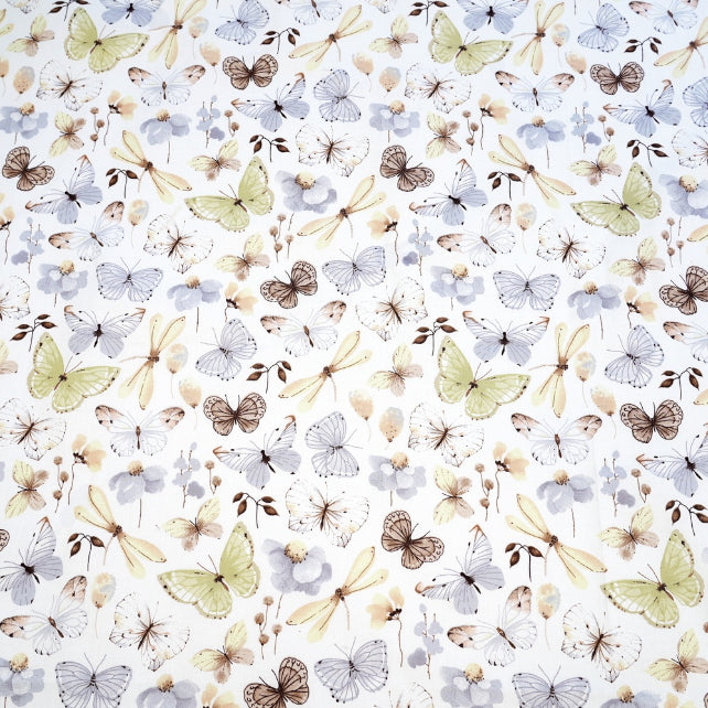 Tissu Coton Papillons Libellule Vert Gris | Laize 1m60
