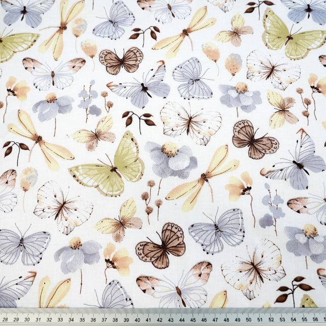 Tissu Coton Papillons Libellule Vert Gris | Laize 1m60